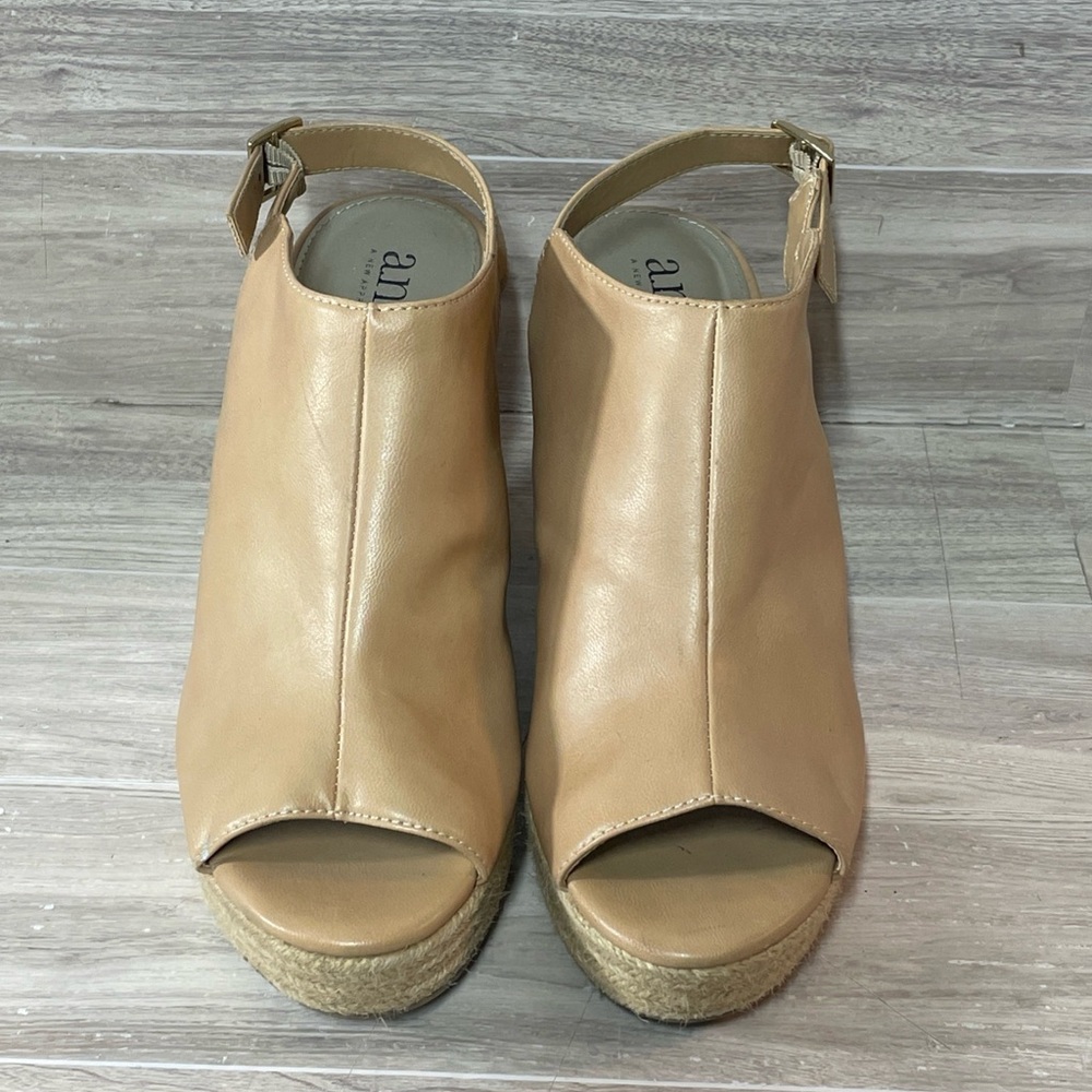 a.n.a Tan Faux Leather Sling Back Gold Buckle 3.75” Espadrille Wedge Sandal 9M